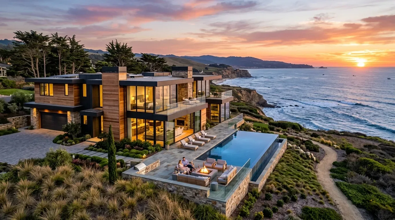 A modern luxury coastal home with large glass windows, an infinity pool, outdoor seating around a fire pit, and a sunset ocean view