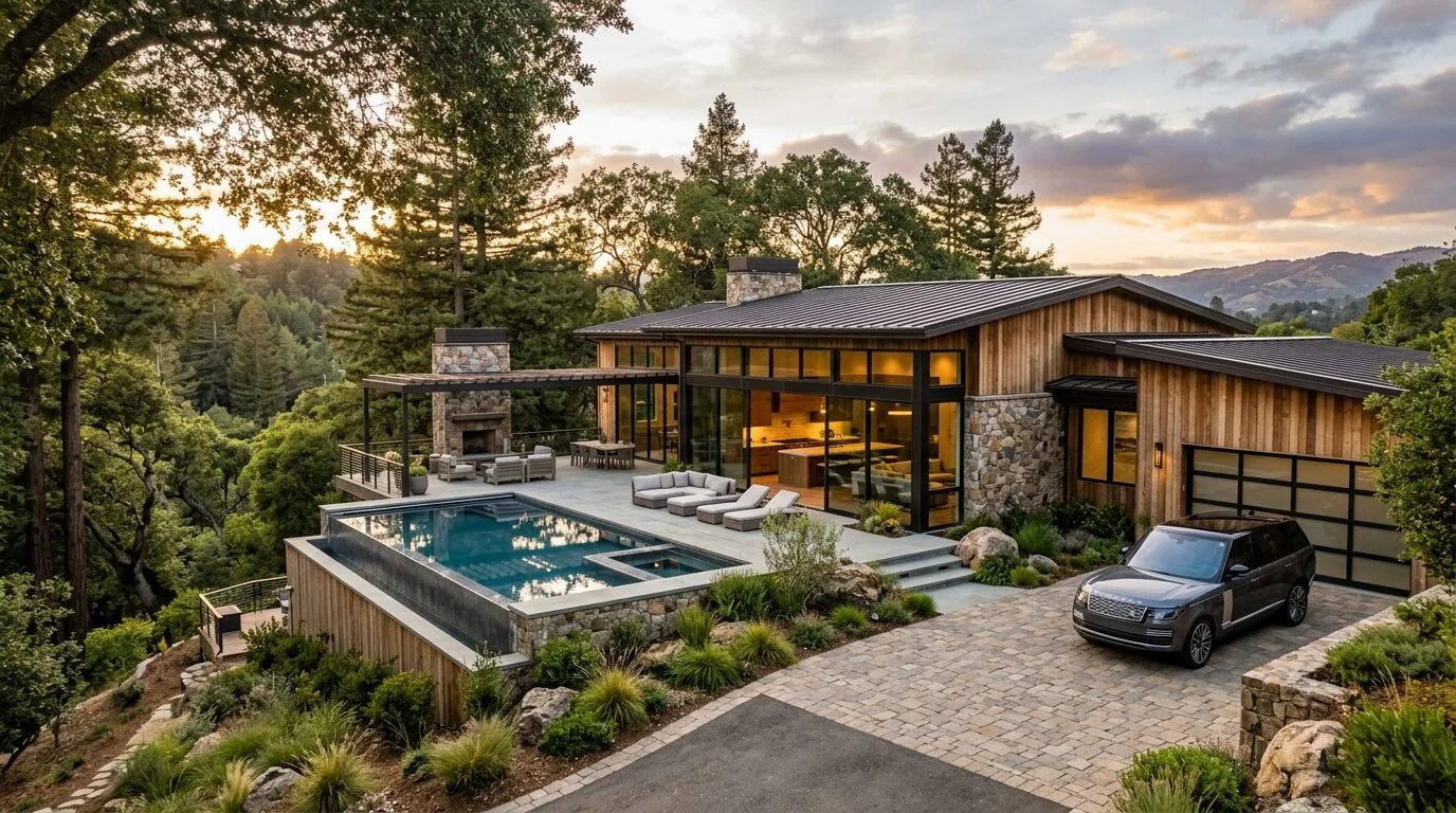 A modern house with large glass windows, a stone and wood exterior, an infinity pool, outdoor seating, and a driveway