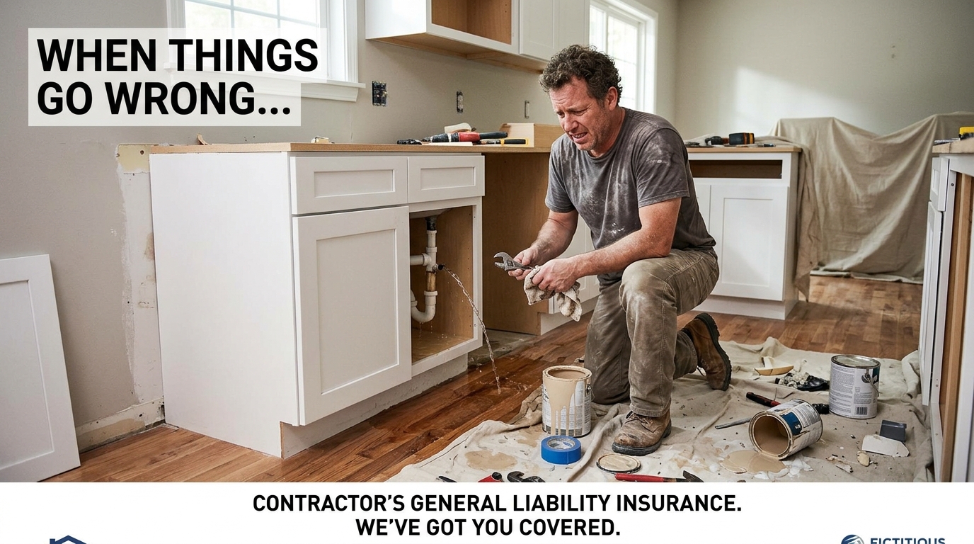 A man kneeling on the floor in a kitchen under renovation, trying to fix a leaking pipe under a cabinet with water