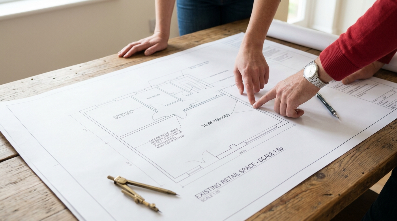 Two people pointing at a floor plan blueprint of an existing retail space on a wooden table