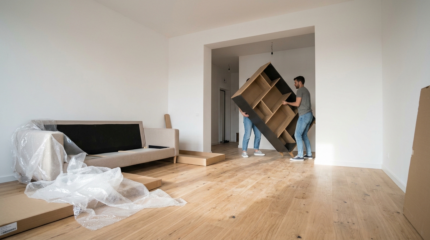 Two men are moving a large wooden shelving unit in a mostly empty living room with light wood flooring and a partially