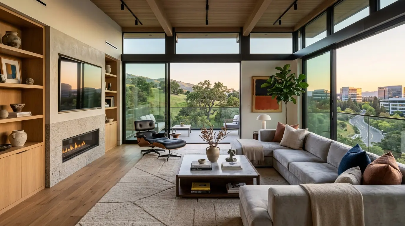 A modern living room with large floor-to-ceiling windows overlooking a green landscape and city buildings, featuring