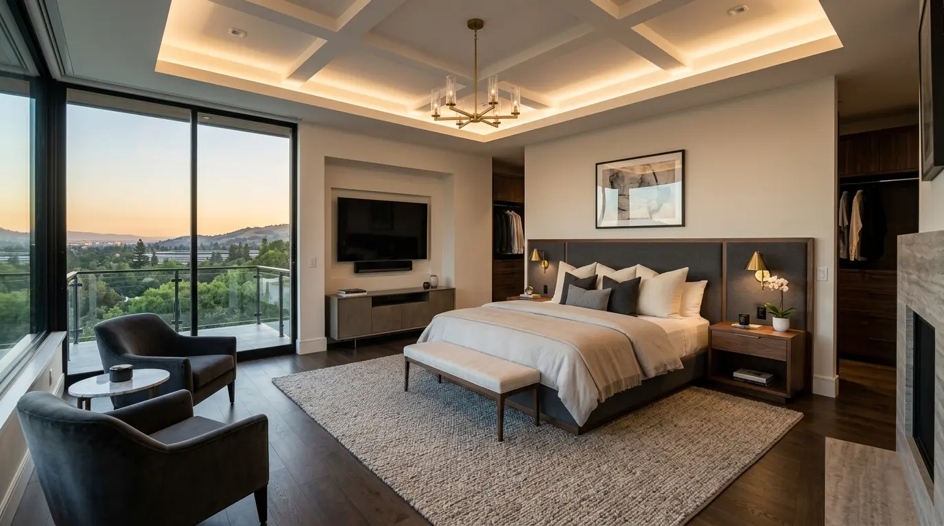 A modern bedroom with a large bed, two armchairs, a TV mounted on the wall, and a balcony with a scenic view
