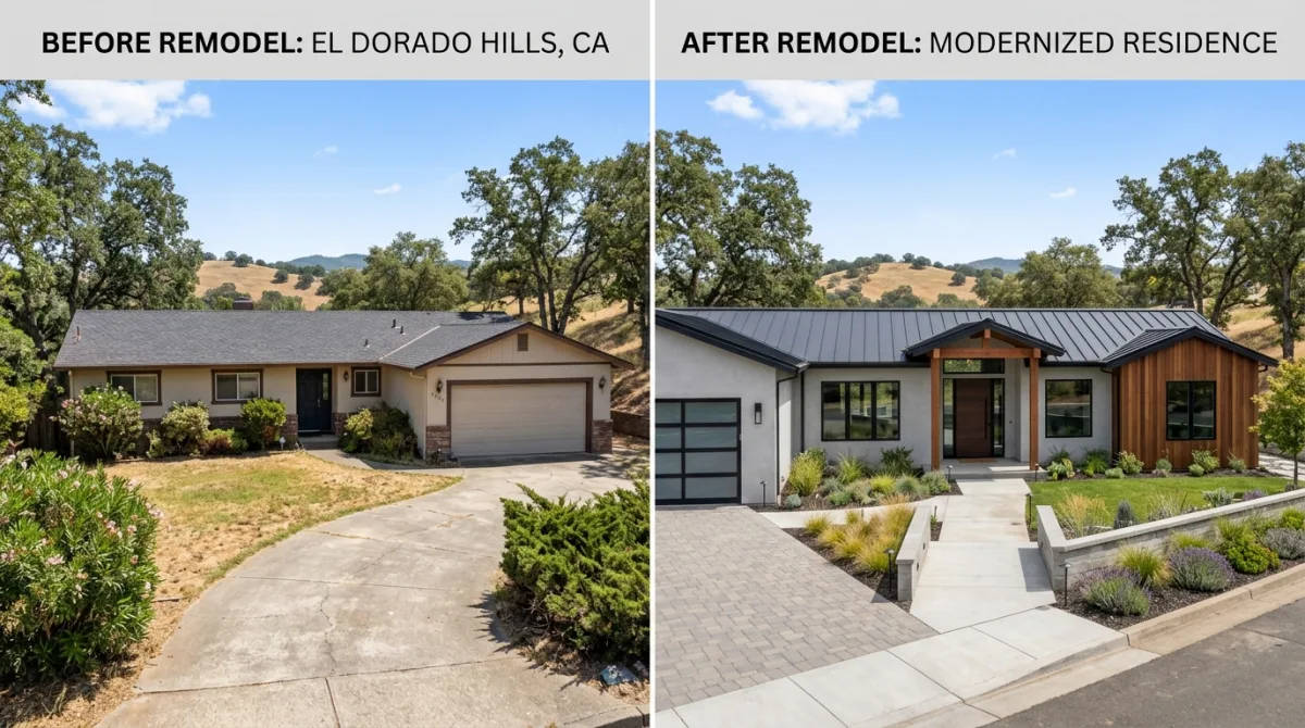 Side-by-side comparison of a house before and after a modernized exterior remodel