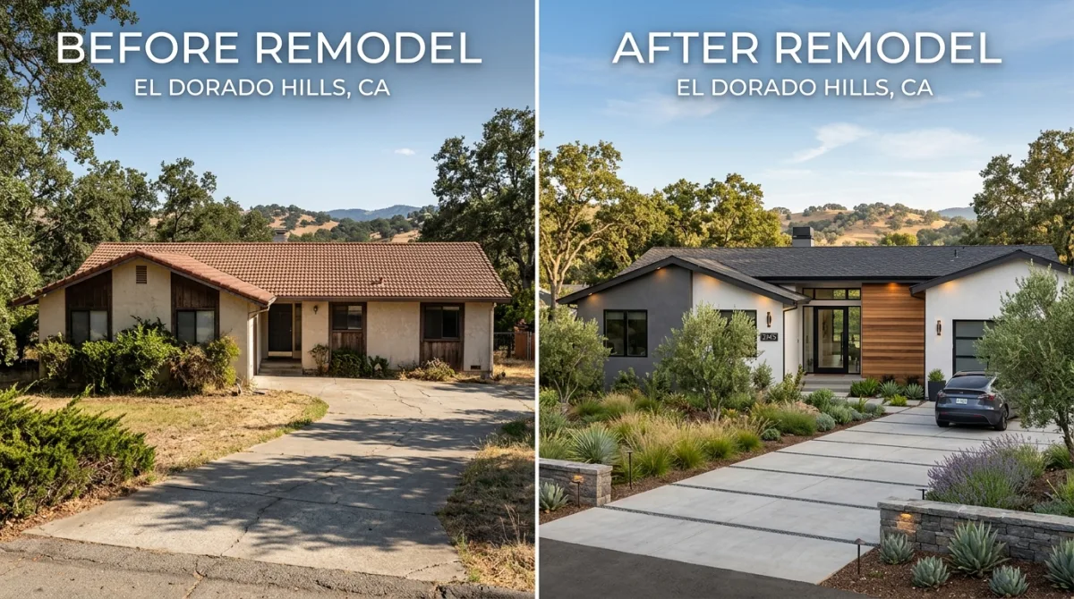 Side-by-side comparison of a house exterior before and after a modern remodel in El Dorado Hills, CA