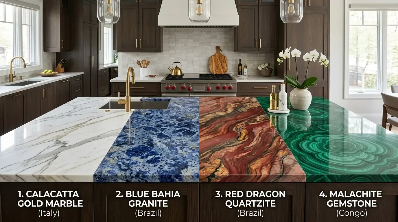 A kitchen island countertop showcasing four different types of stone materials side by side with dark wood cabinetry and gold fixtures in the background