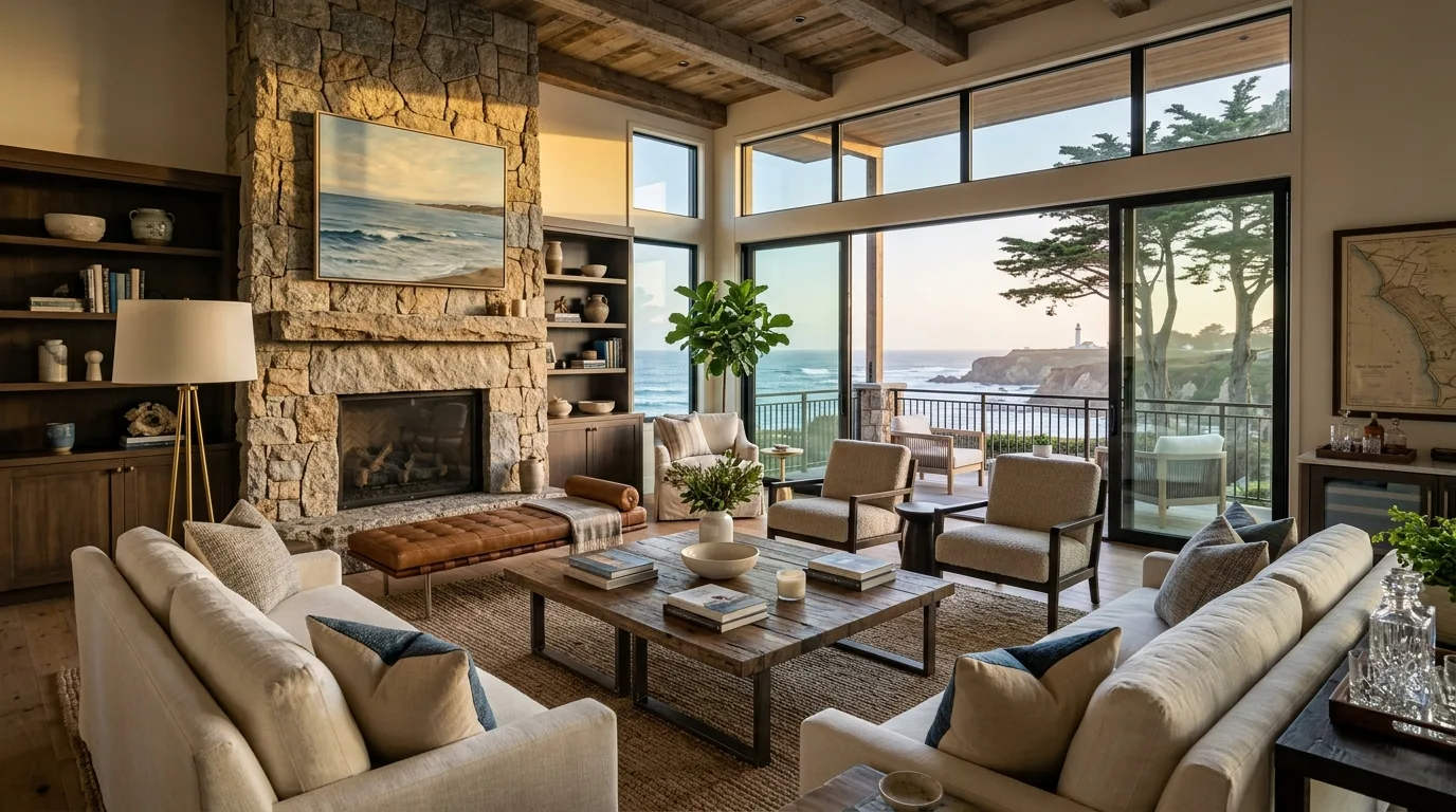 A spacious living room with large windows overlooking a coastal view, featuring a stone fireplace, wooden