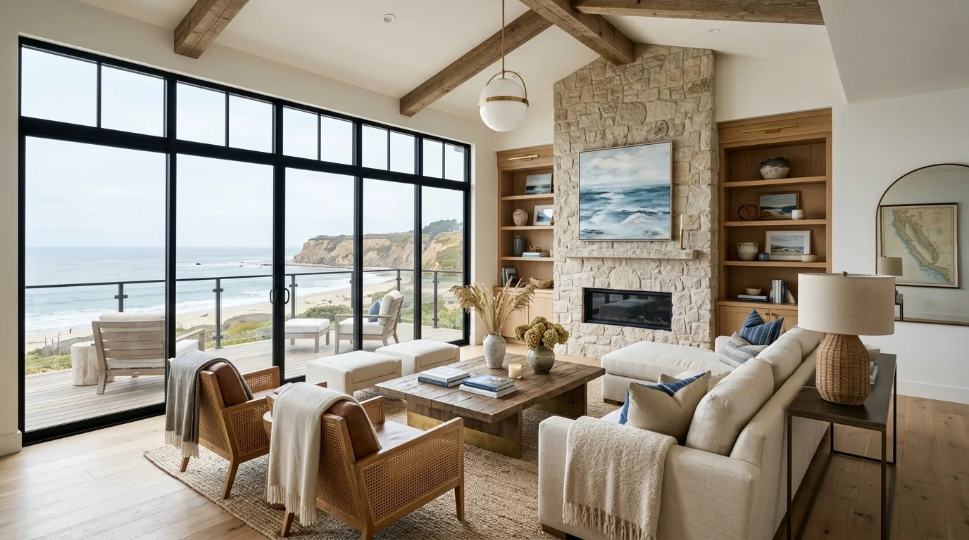 A modern living room with large glass windows overlooking a beach, featuring a stone fireplace, wooden beams
