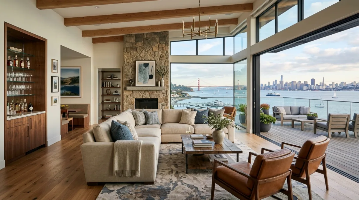A modern living room with a large sectional sofa, stone fireplace, wooden beams, and floor-to-ceiling windows