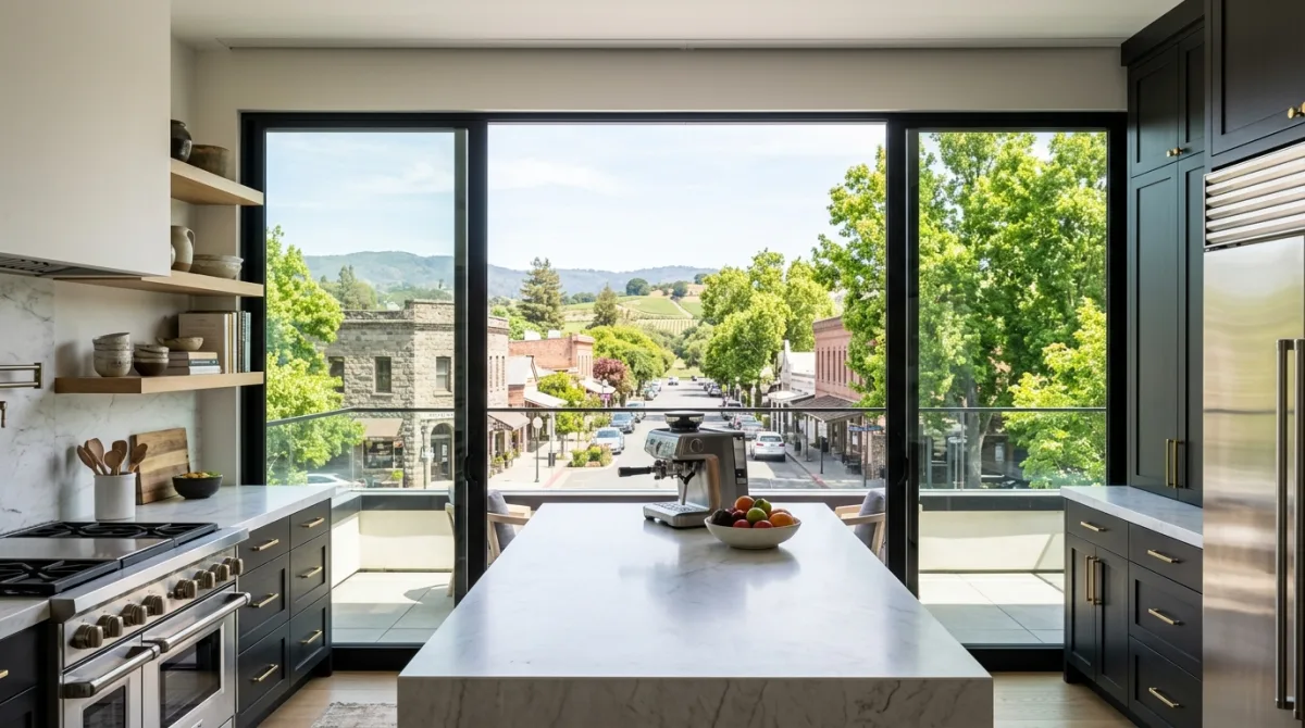 Modern kitchen with marble island and large glass doors overlooking a tree-lined street and hills