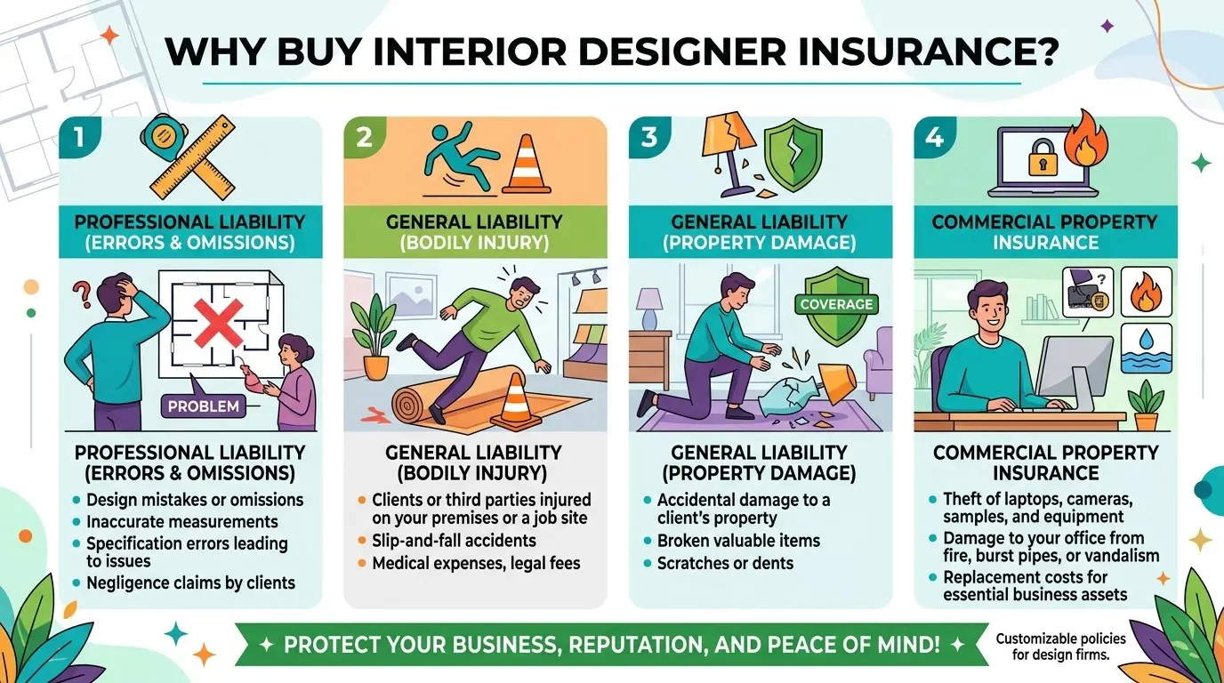 An infographic explaining four types of insurance coverage for interior designers with illustrations and text
