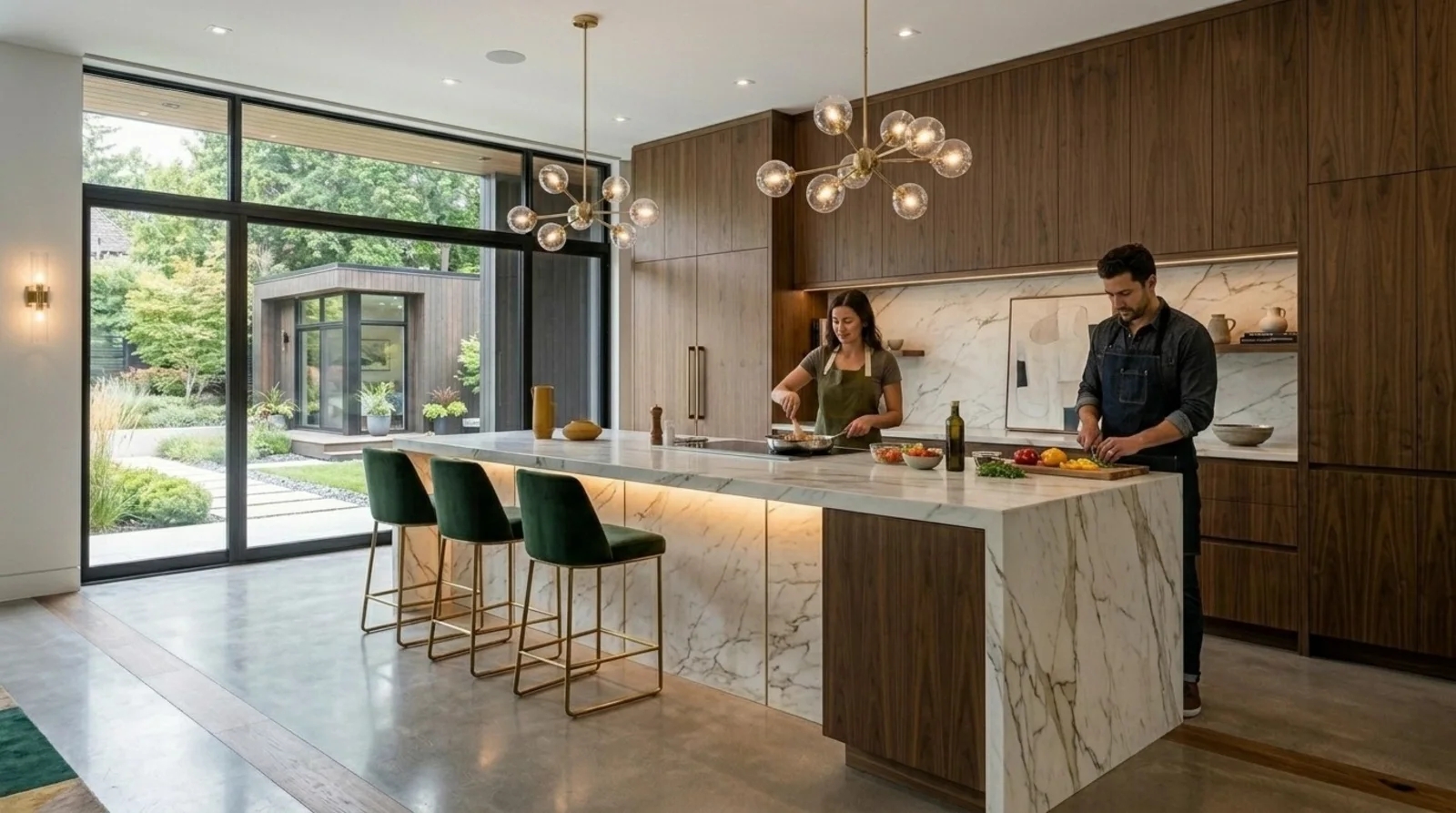 A walnut and marble modern kitchen in an East Sacramento heritage home, oversized waterfall island, brass bubble