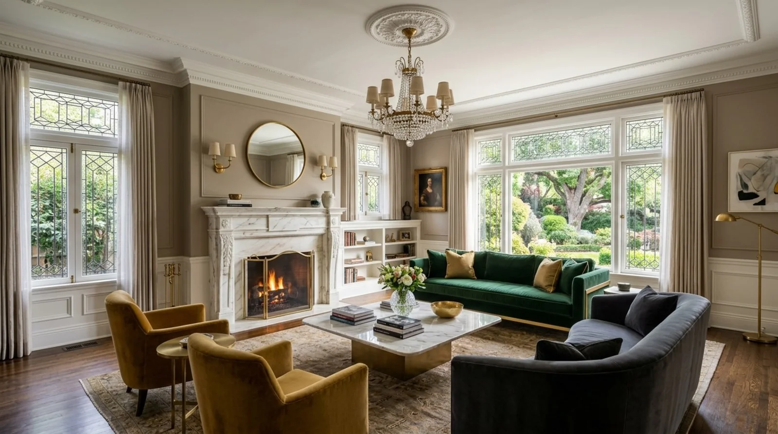 A heritage East Sacramento living room with a carved white marble fireplace, leaded windows, crystal chandelier, ornate
