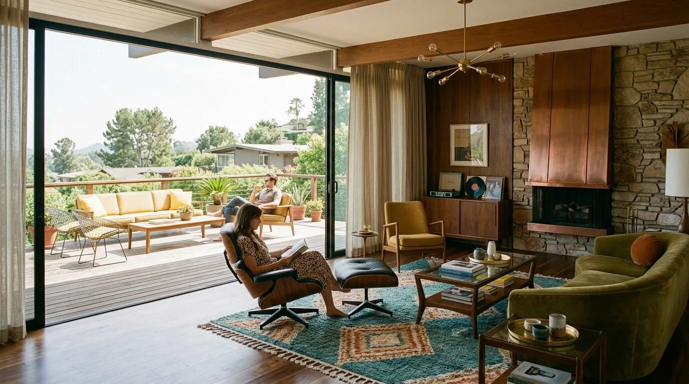A mid-century modern living room with large sliding glass doors opening to an outdoor deck with seating, featuring wood