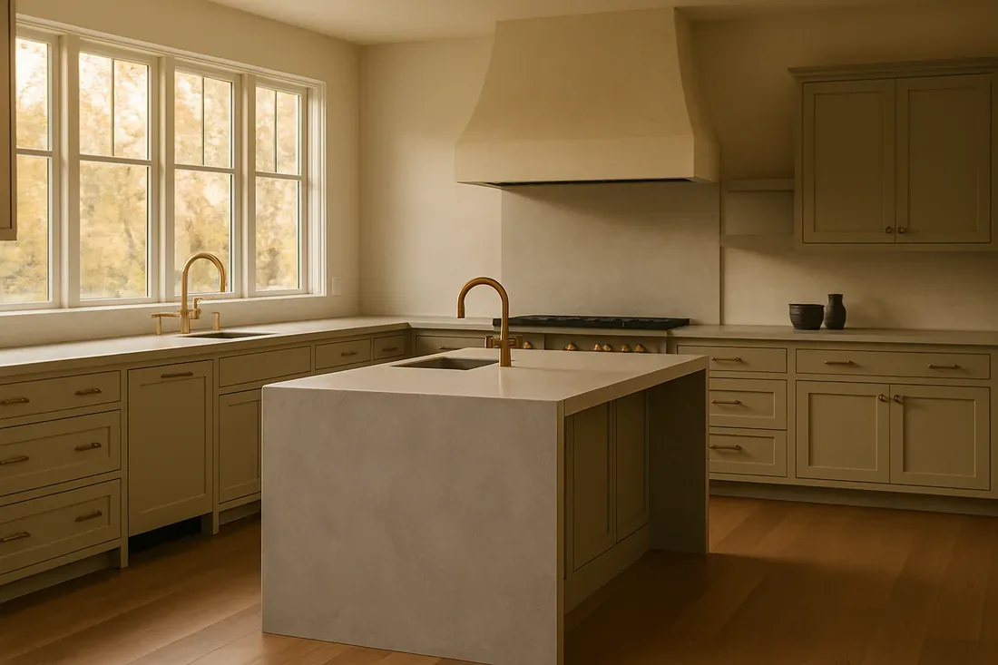 A modern kitchen with beige cabinetry, a large island with a built-in sink, gold faucets, and a window letting