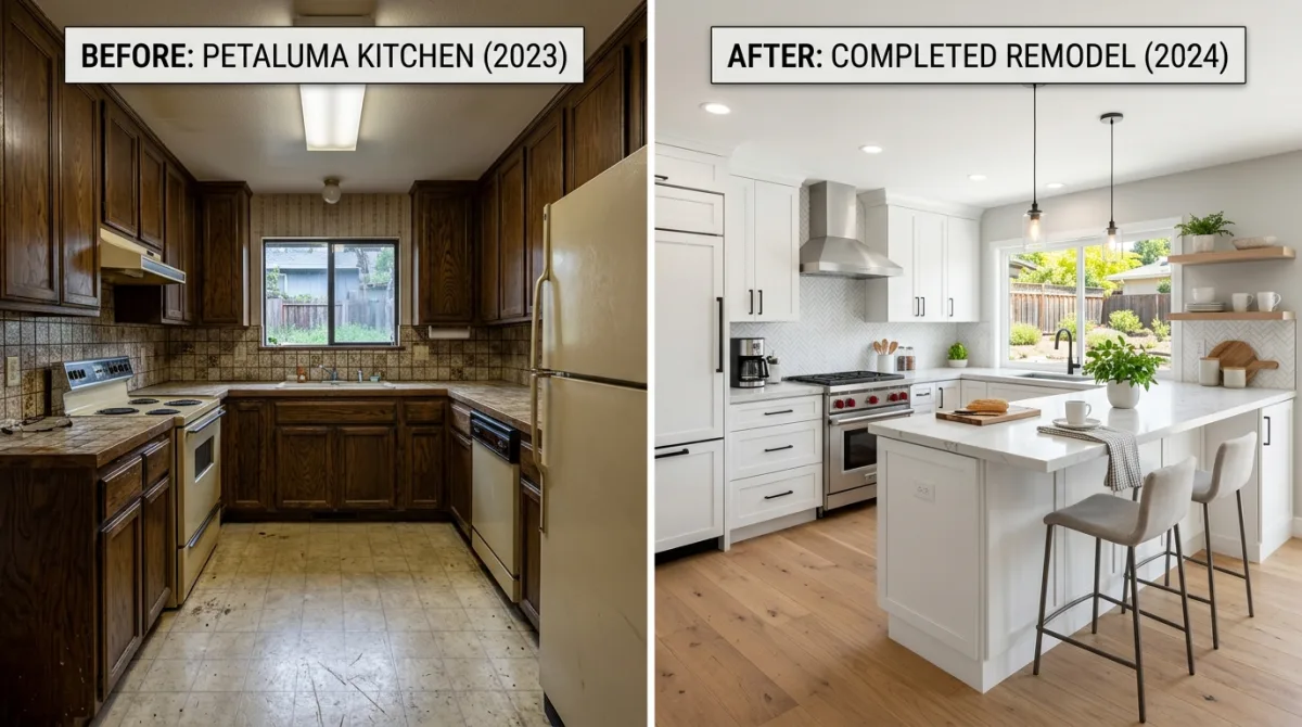 Side-by-side comparison of a kitchen before and after a remodel, showing a dark outdated kitchen transformed into