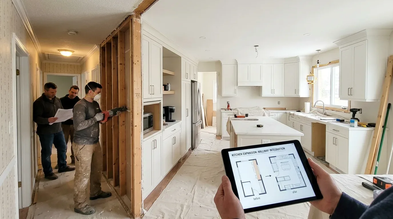 A kitchen under renovation with workers removing a wall and a person holding a tablet showing kitchen expansion plans
