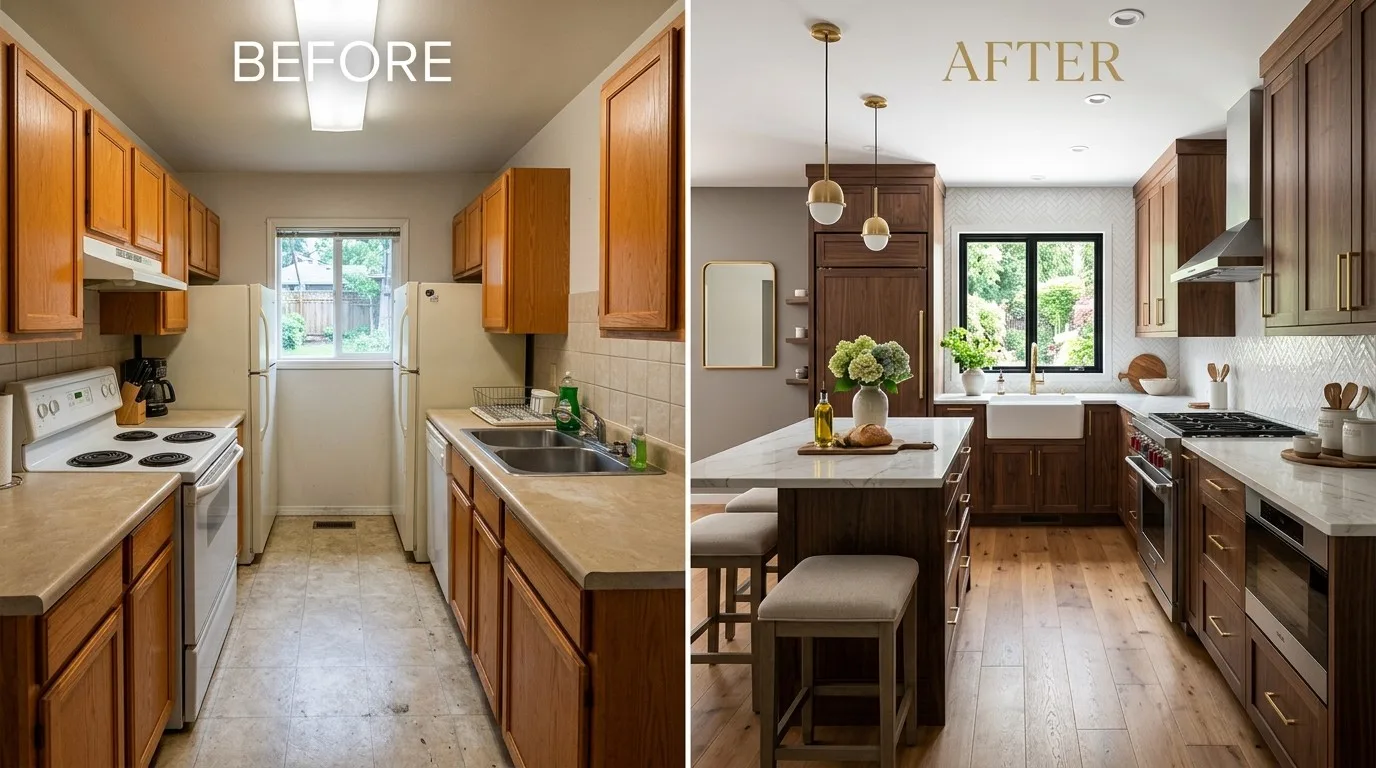 Side-by-side comparison of a kitchen before and after renovation, showing updated cabinetry, flooring, and appliances