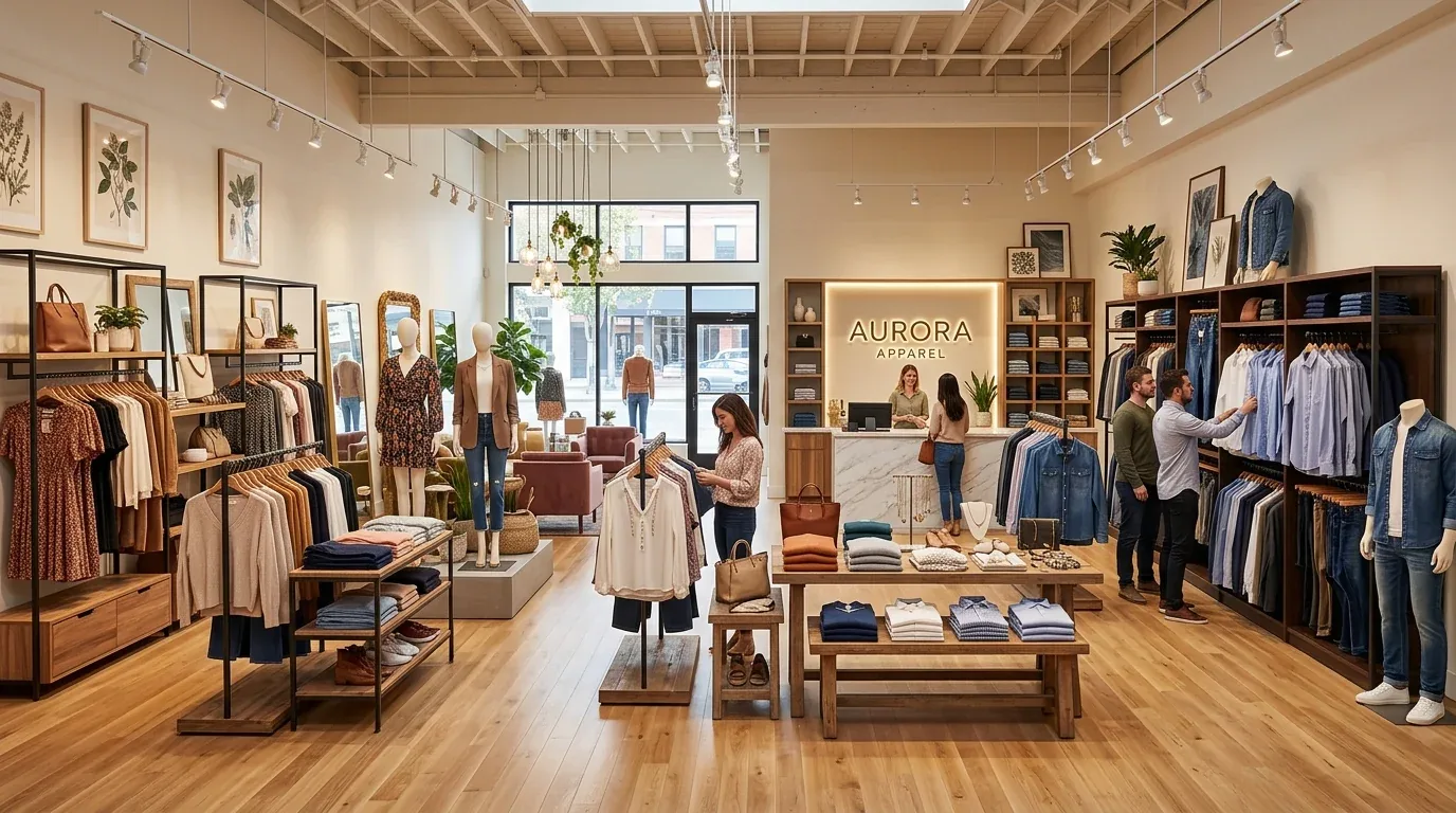 A modern apparel retail store interior with clothing racks, mannequins, and a checkout counter
