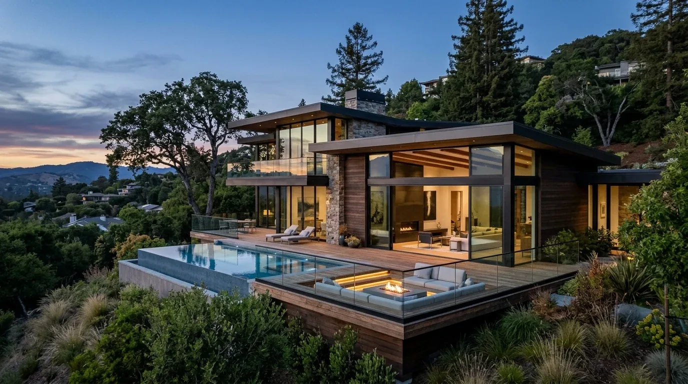 A modern hillside house with large glass windows, an infinity pool, and an outdoor sunken seating area with a fire pit