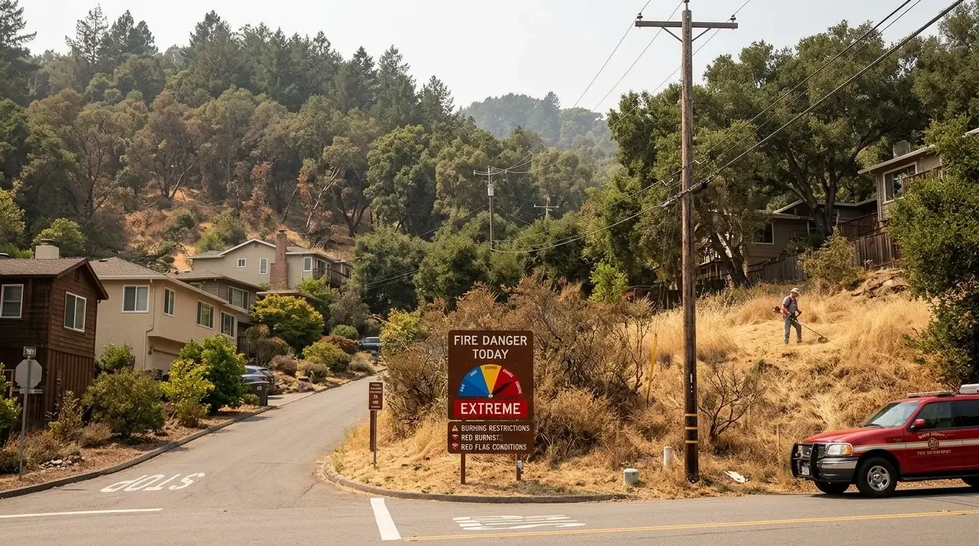 A residential street with houses, dry vegetation, a fire danger sign indicating extreme risk, a person using a weed trimmer on a hillside, and a fire department vehicle parked nearby