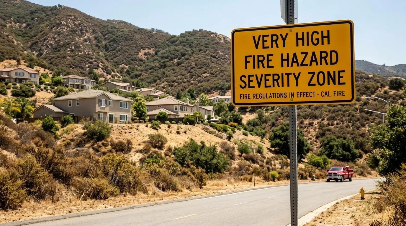 A roadside fire hazard warning sign in a dry, hilly residential area with houses and a red truck on the road