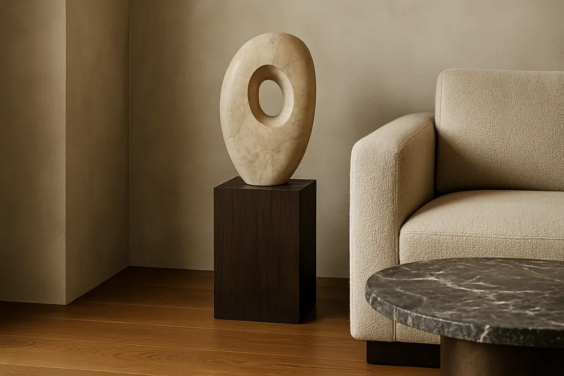 A minimalist living room corner with a beige textured sofa, a dark wooden pedestal holding a modern abstract sculpture