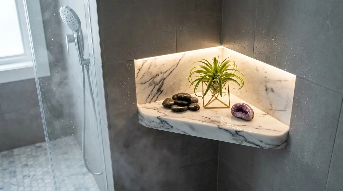 A modern bathroom shower corner with a marble shelf holding decorative stones and a small plant, illuminated