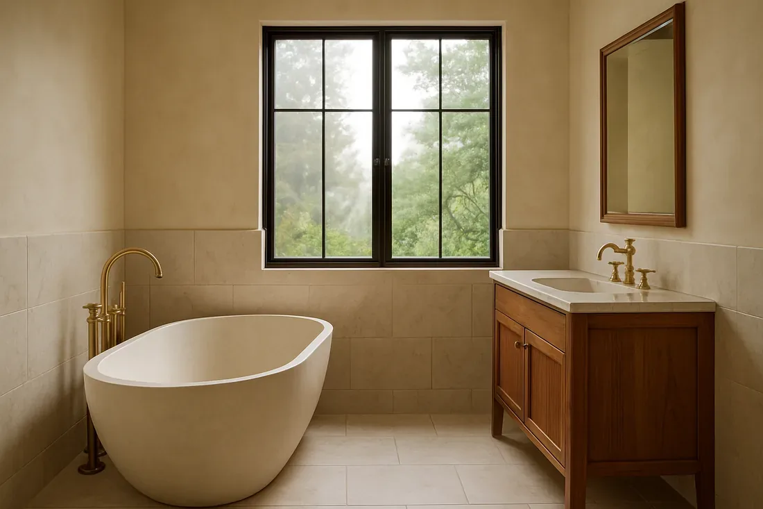 A minimalist bathroom with a freestanding bathtub, wooden vanity with a white countertop, gold fixtures, and a large