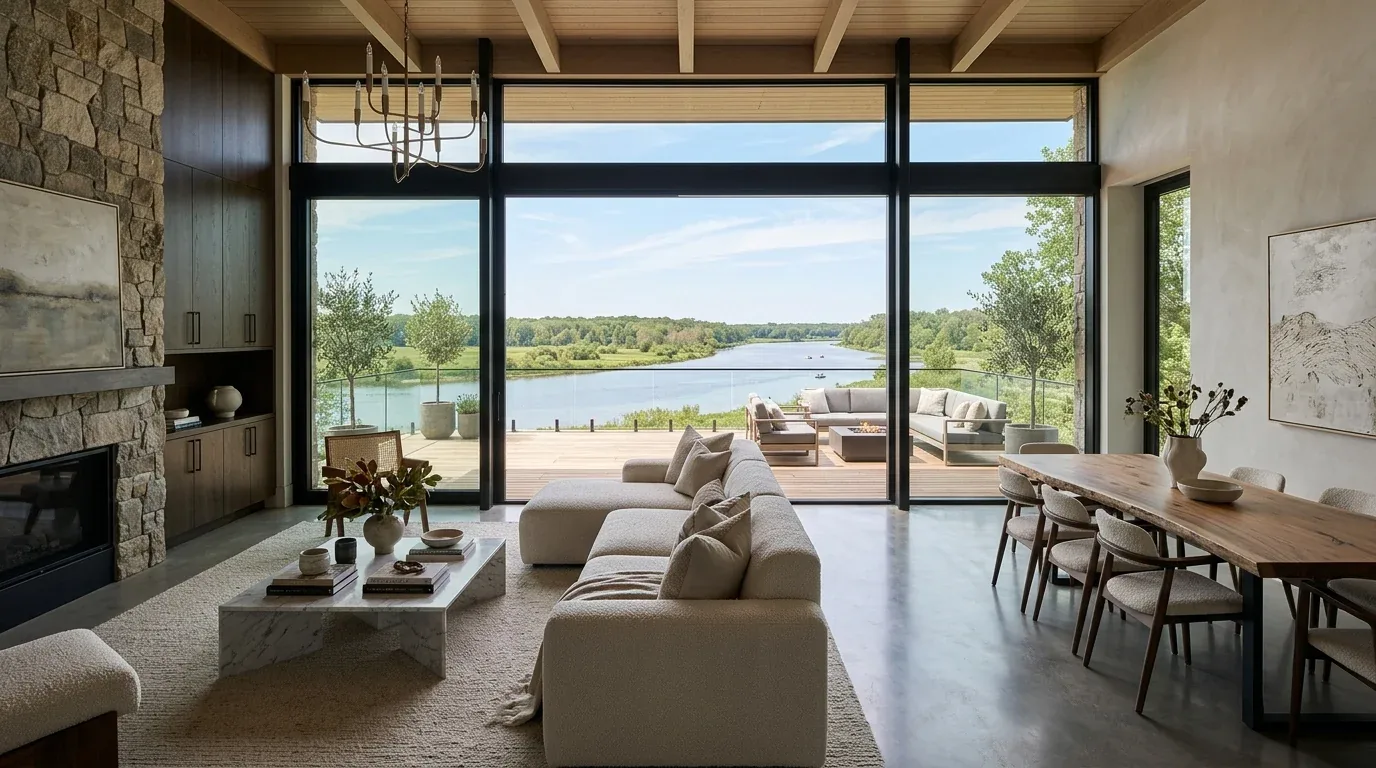A modern living and dining room with large glass doors opening to a deck overlooking a river and greenery