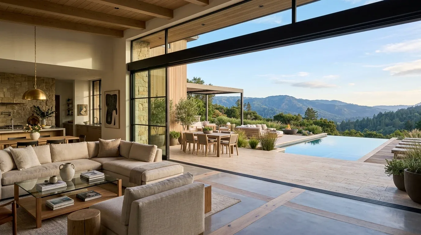 A modern multi-level house with large glass windows, a wooden exterior, and a spacious outdoor deck surrounded by dense