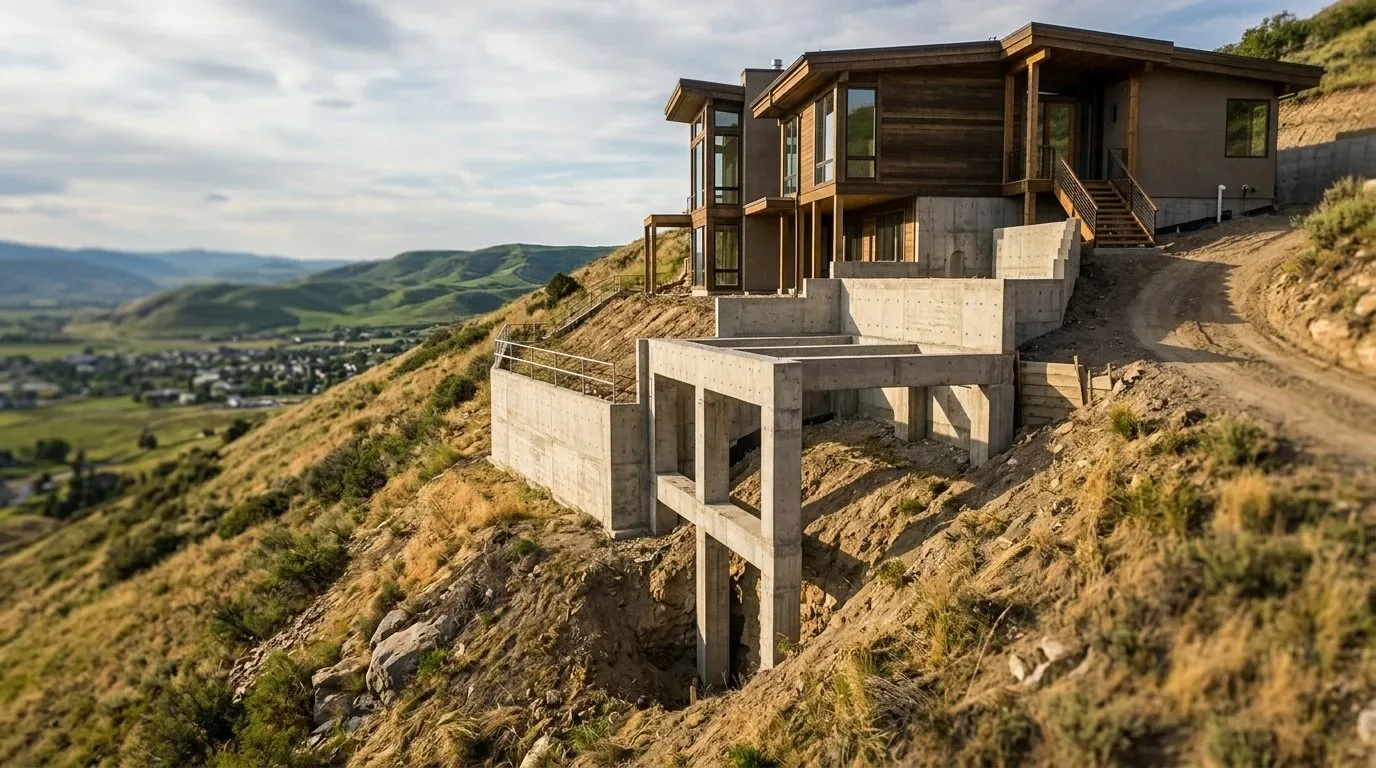 A modern hillside house with concrete foundation and wooden exterior overlooking a valley