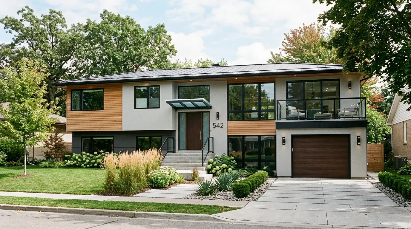 Modern two-story house exterior with wood and stucco facade, large windows, balcony, and landscaped front yard