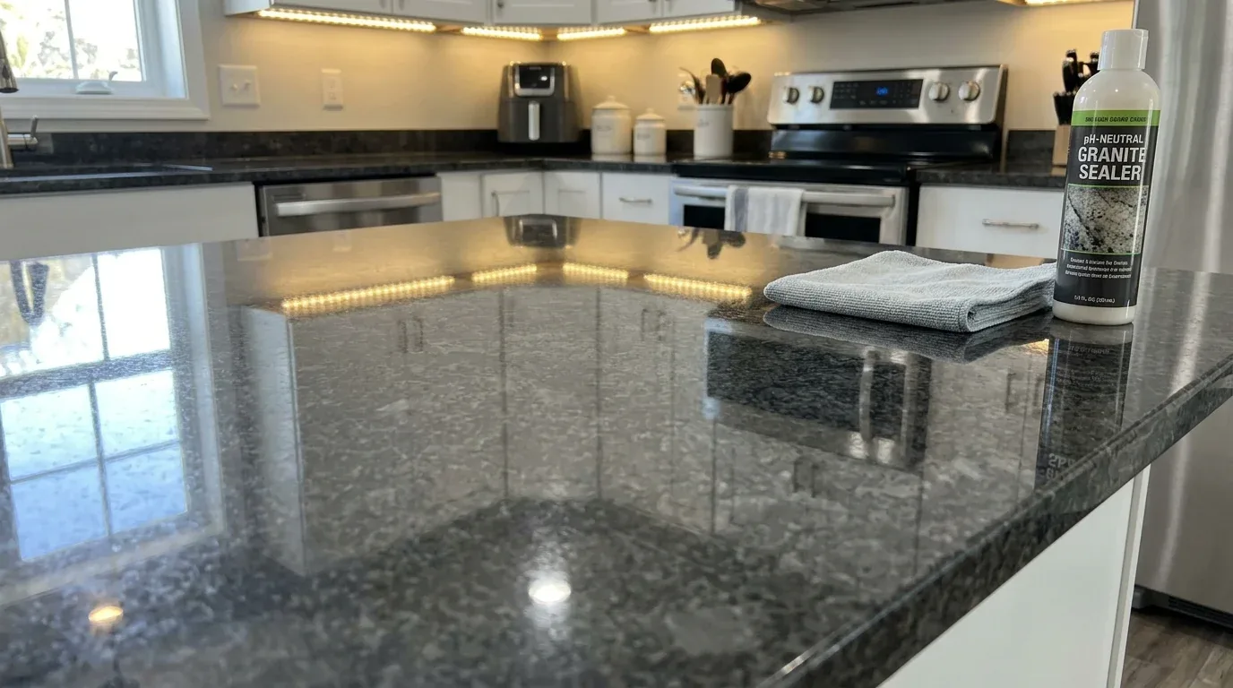 A modern kitchen with a polished granite countertop island, white cabinetry, stainless steel appliances, and under-cabinet lighting