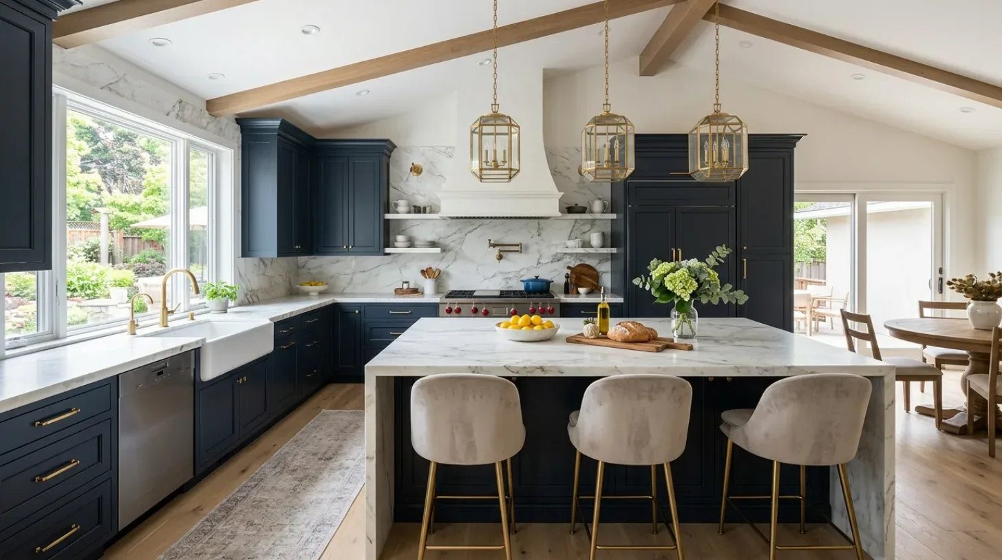 A modern kitchen with dark blue cabinetry, marble countertops, gold fixtures, and three pendant lights above a large island with seating