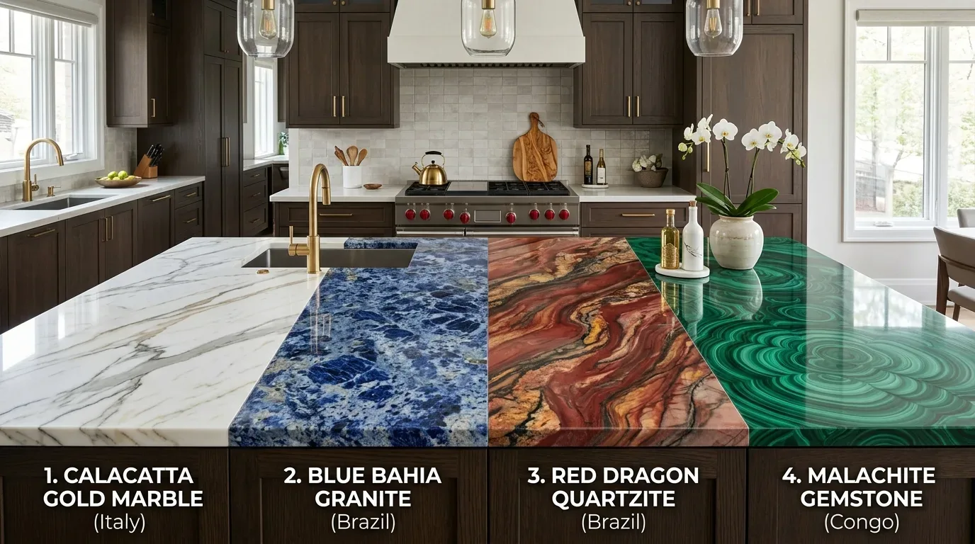 A kitchen island countertop showcasing four different types of stone materials labeled with their names and origins