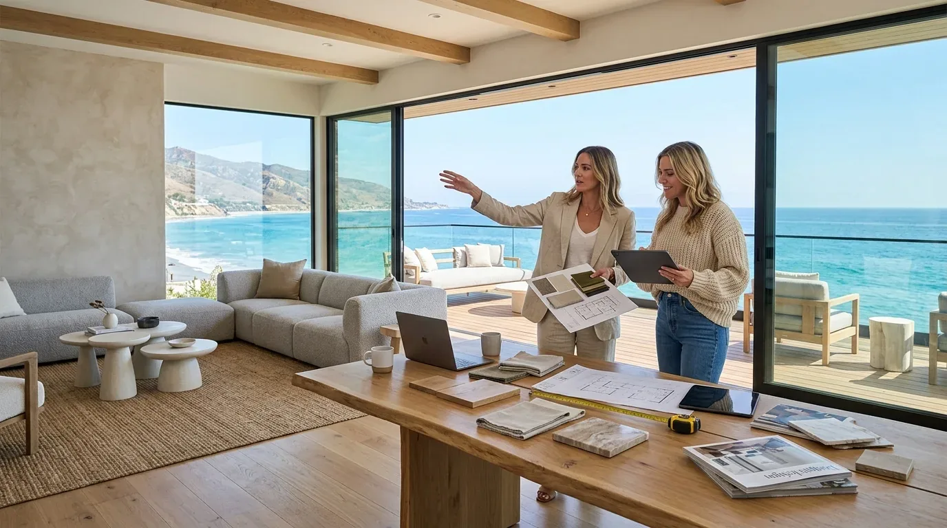 A modern living room with large windows overlooking the ocean, featuring two women discussing interior design plans at a wooden table