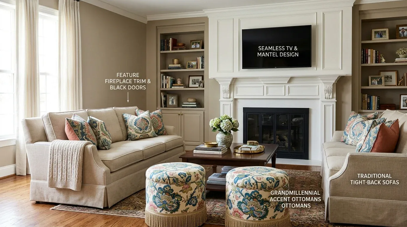 A traditional living room with two beige tight-back sofas, floral accent ottomans, a wooden coffee table, built-in bookshelves, and a white fireplace with a mounted TV