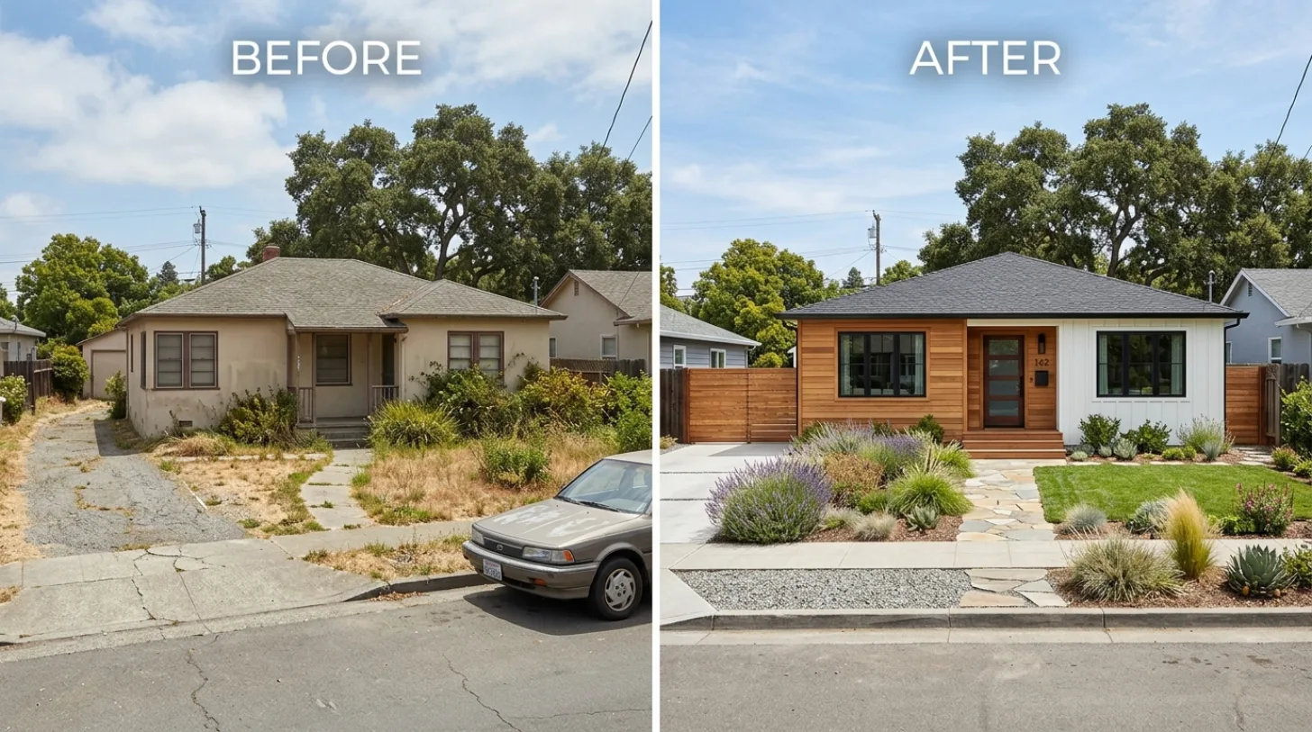 Side-by-side comparison of a house exterior before and after renovation showing improved landscaping and updated facade