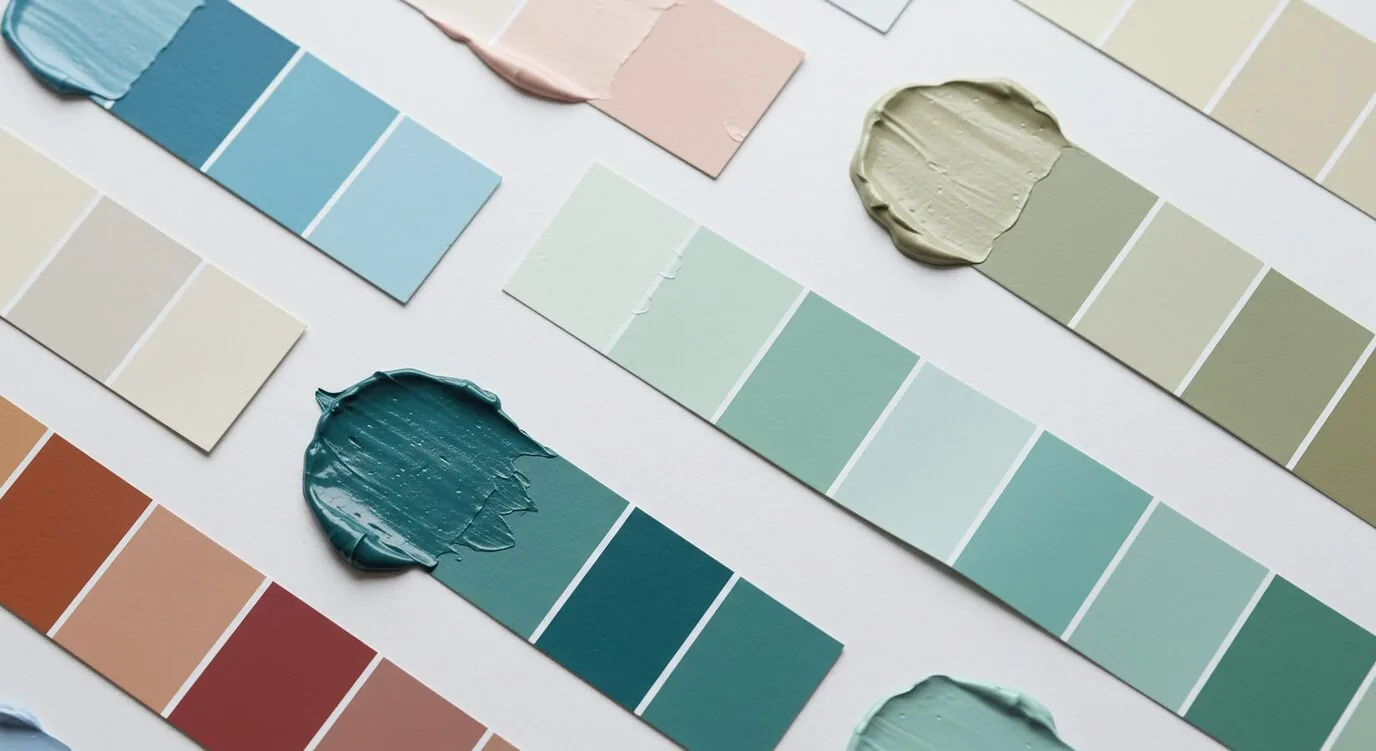 Multiple paint color swatches with paint samples applied on a white surface