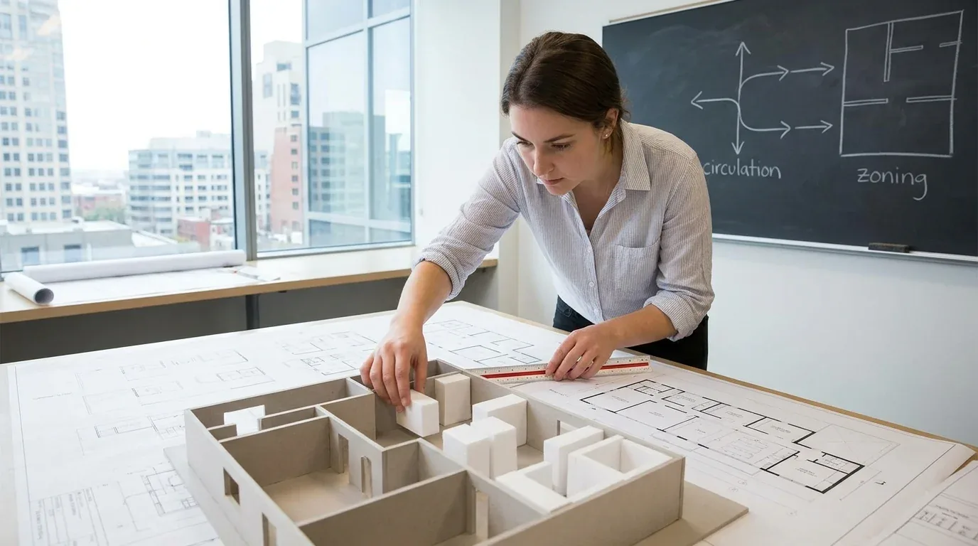 A woman working on an architectural model and floor plans in a modern office with a city view