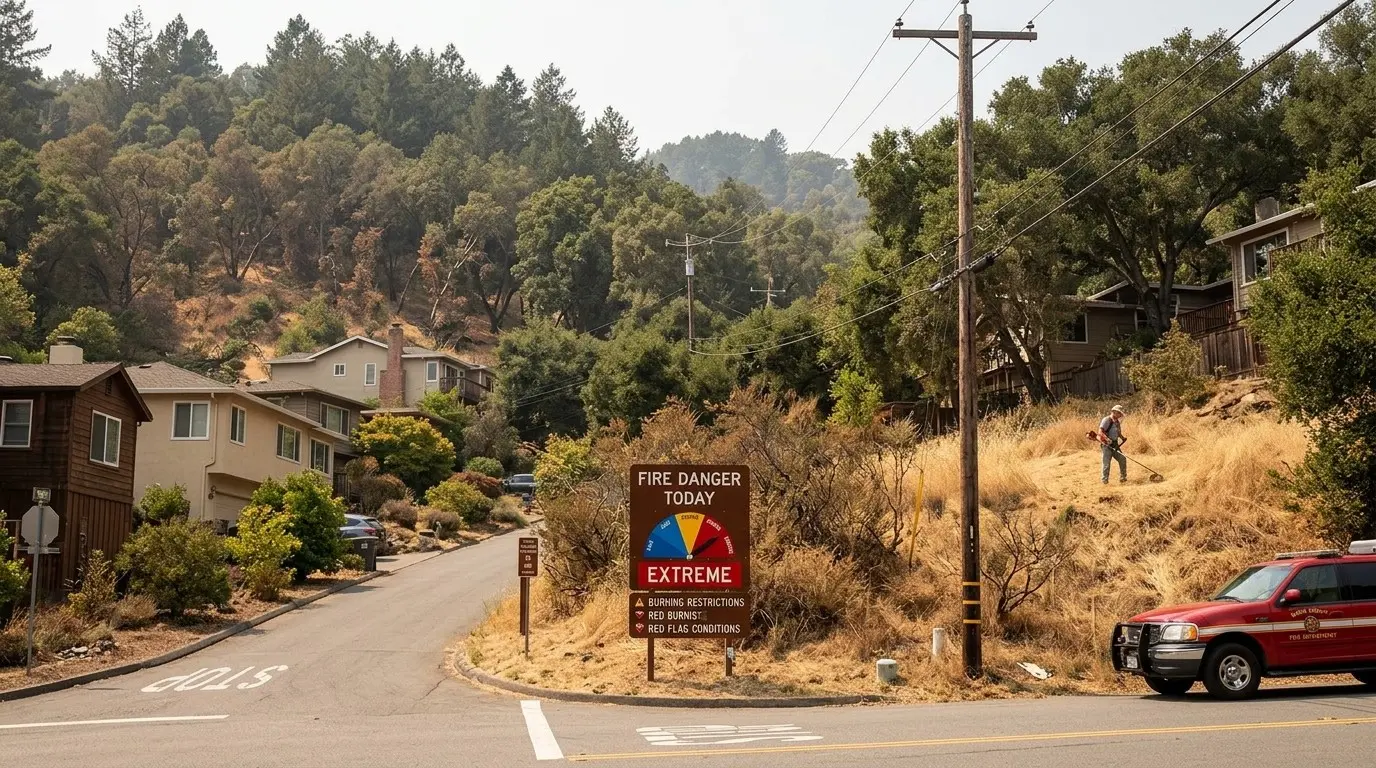 A residential street with houses, dry vegetation, a fire danger sign indicating extreme risk, a person using a weed