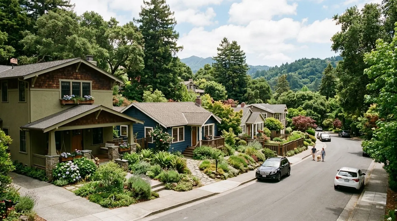 A quiet residential street lined with craftsman-style houses surrounded by lush greenery and gardens