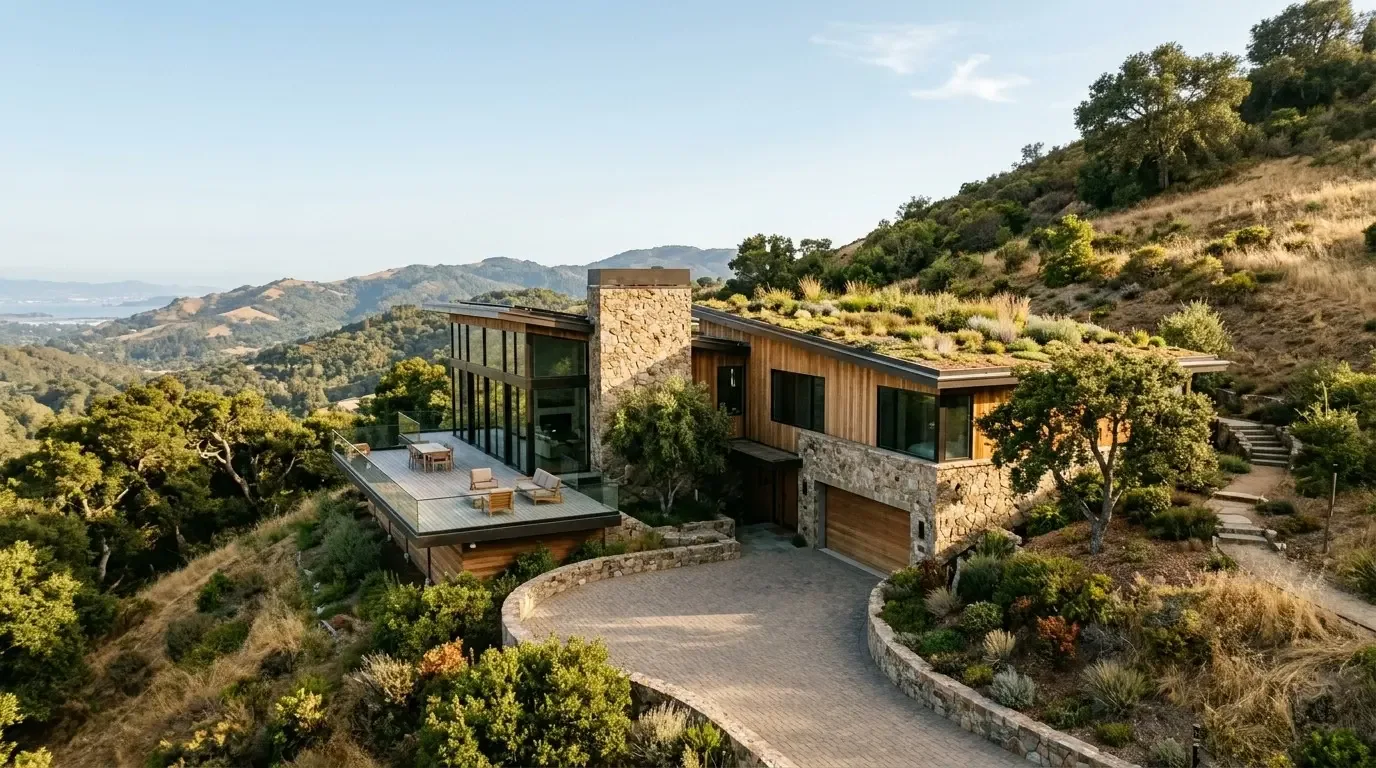 A modern hillside house with large glass windows, stone and wood exterior, a rooftop garden, and a spacious outdoor deck overlooking a mountainous landscape