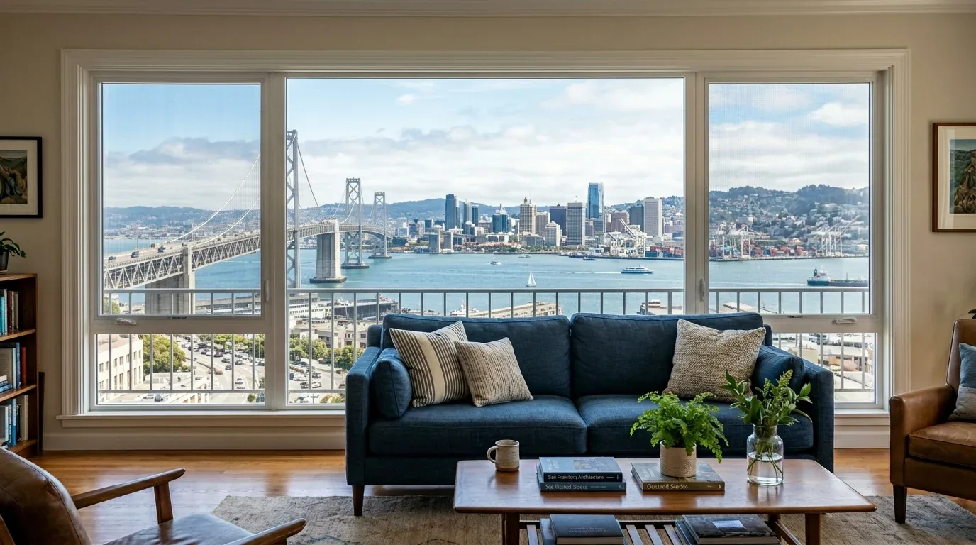 A living room with a blue sofa, wooden coffee table, and large windows offering a view of the San Francisco Bay Bridge and city skyline