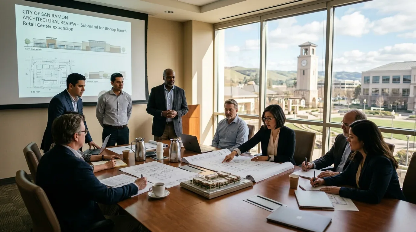 A group of professionals in a meeting room reviewing architectural plans and a building model with a large window showing an outdoor clock tower