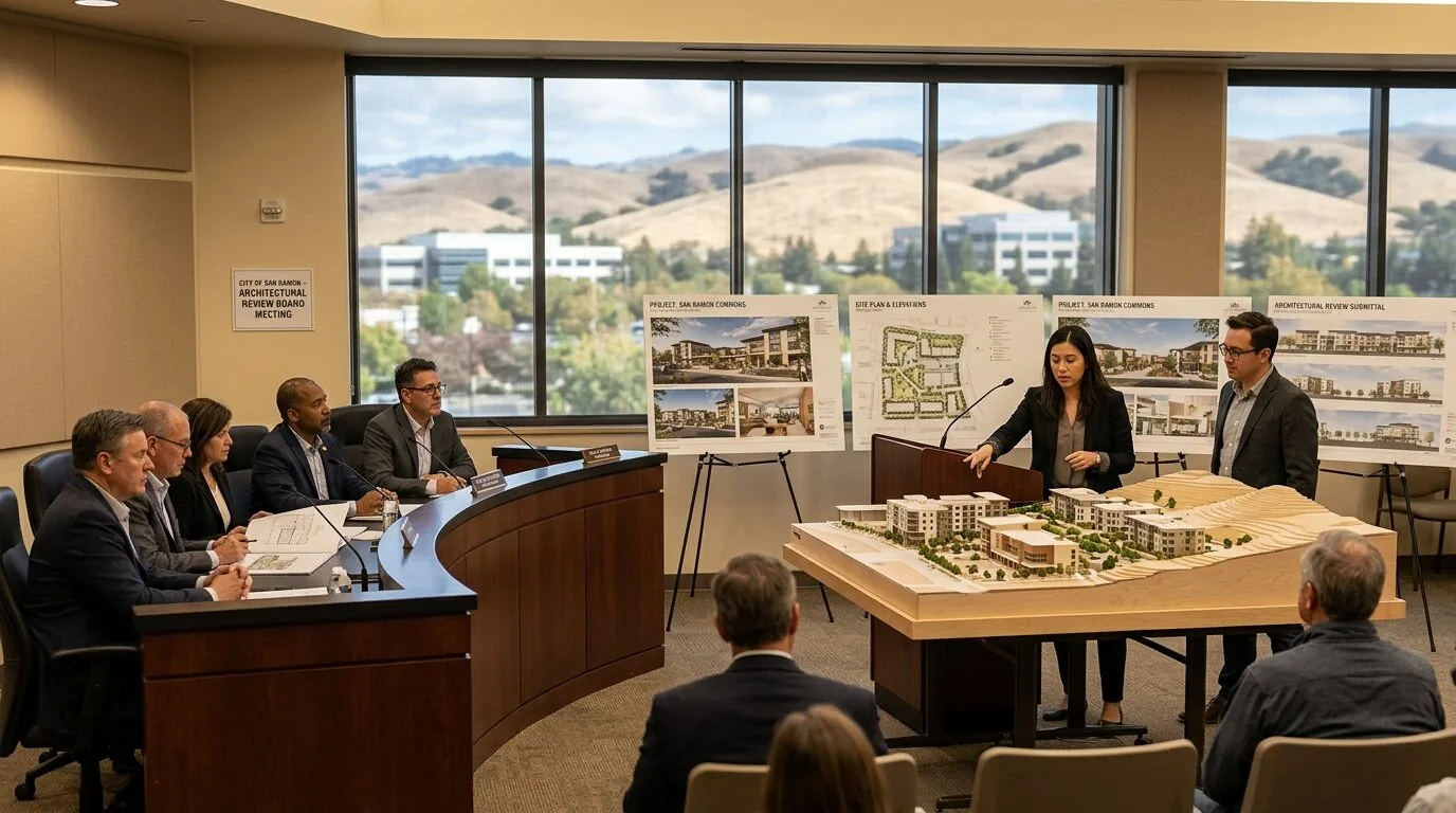 A formal meeting room where a group of people are reviewing architectural plans and a scale model of a development project