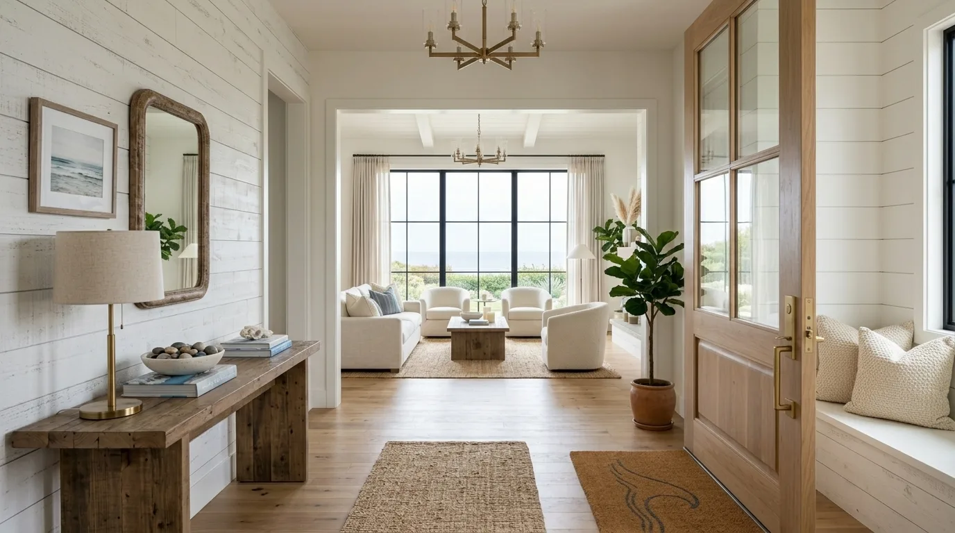 An entry with whitewashed shiplap walls, a reclaimed-wood console, wood-framed mirror, and a glass-panel oak door