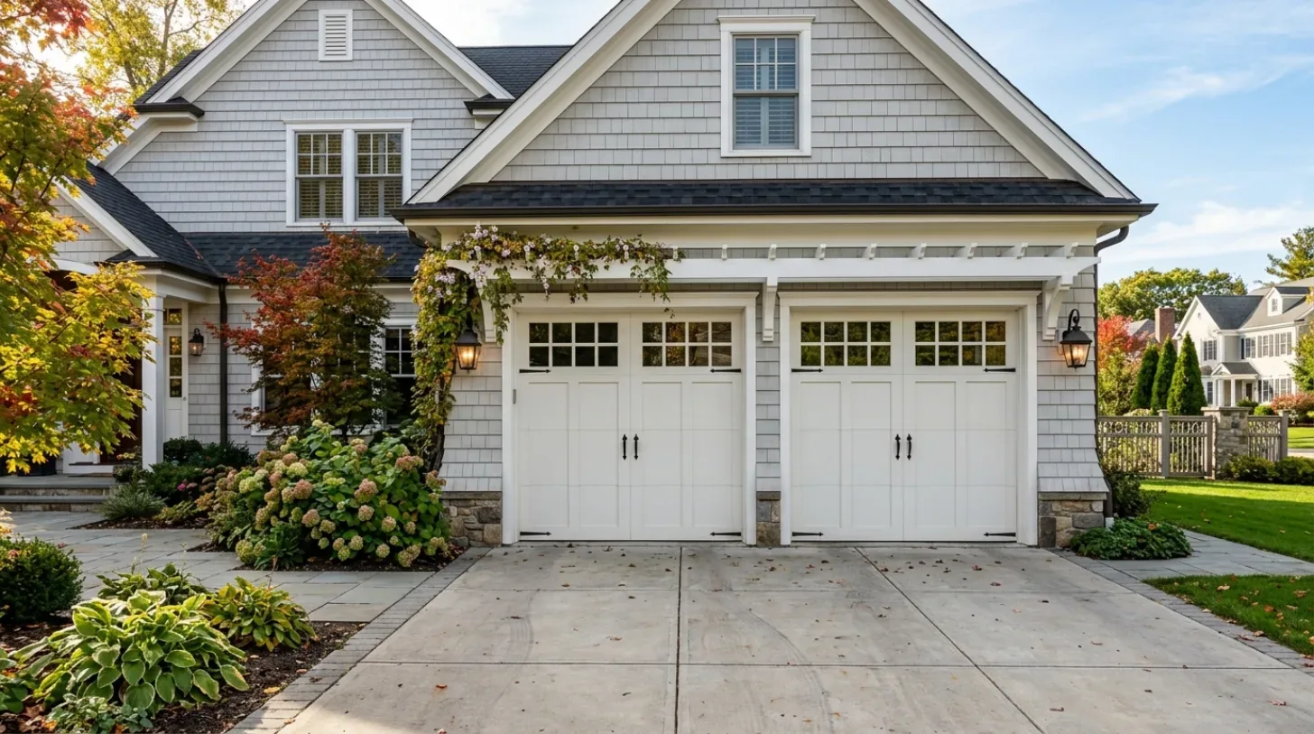 Exterior view of a modern farmhouse style house with a double wooden garage door and stone accents