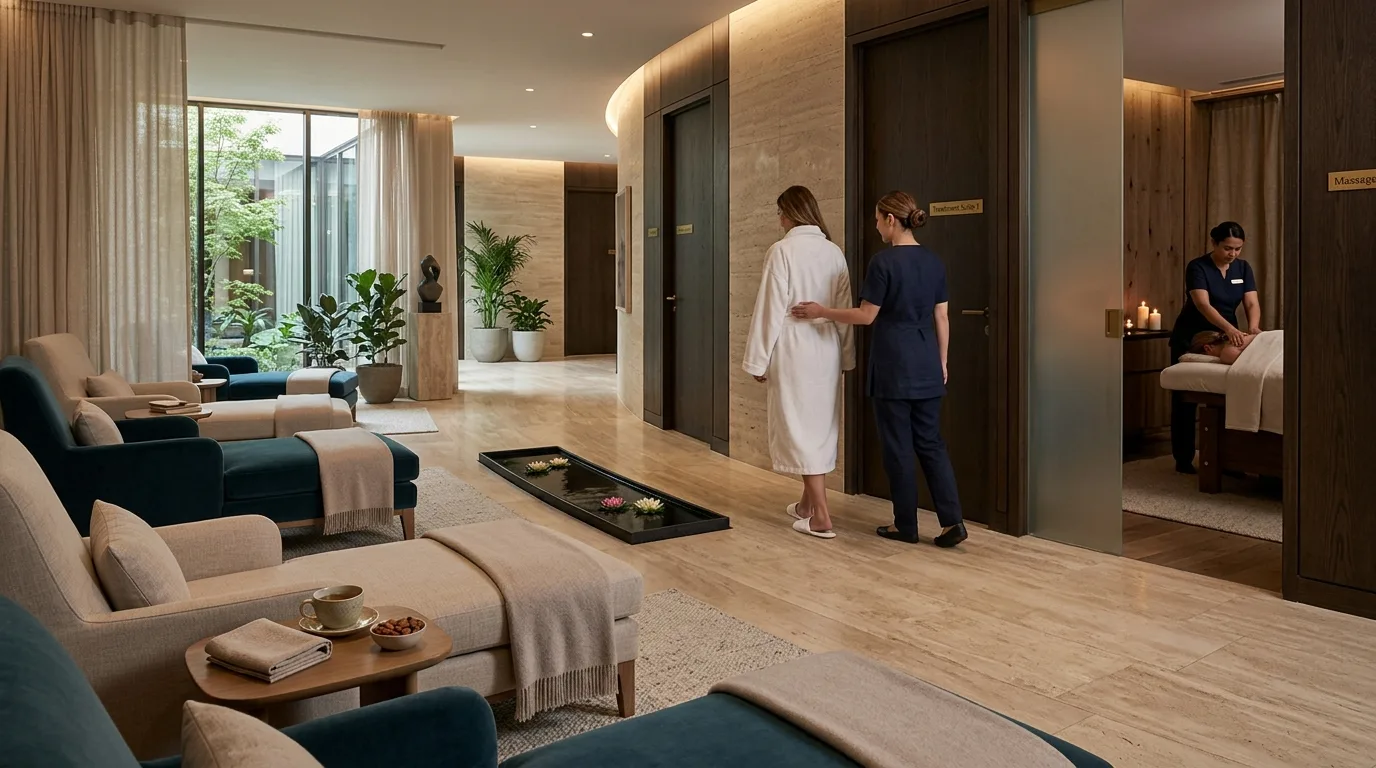 A travertine spa corridor and relaxation lounge with teal velvet loungers and throws, a floating lotus water tray